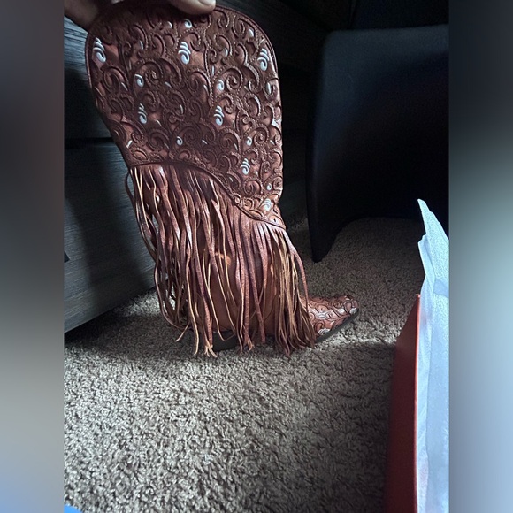 Corral Boots Womens Caracas Fringe And Tooled-Inlay Snip Toe Cowboy Casual Boots - Picture 7 of 7